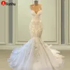 2022 2022 Afrikanische Spaghetti -Strap -Meerjungfrau -Hochzeitskleider Perlen Stickerei Spitze Brautkleider Sweep Zug Organza Brautkleid formelle Roben de mari￩e