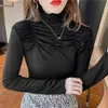 Spring Fall Korean Style T-shirt Girl Turtleneck Drape Slim Women Tops Bomull Långärmad Bottenskjorta Tees T11706A 210421