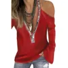 Hot T-shirts Kläder Sexiga Sequins V Neck Cold Shoulder Långärmad T-shirt Kvinnor Solid Färg Top X0527