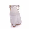 Women Shoes Wedge High Heels Pointed Toe Office Wedding Party Spring Autumn White Bridal Pumps Pearl Diamond Chain