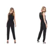 Kvinnors Svart Jumpsuit Höst Ny Lace Stitching Patchwork Sexig Slim Streetwear Ärmlös Lace-up Full Length Jumpsuits 210422