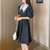 Women Black Embroidery Peter Pan Collar Puff Short Sleeve Double-breasted Empire A-line Mini Dress Summer D2647 210514