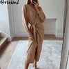 Eleganta Maxi Klänningar för Kvinnor Långärmad V Neck Knitted Klänning Solid Sashes Hem Kläder Höst Mode Robe Ue Femme 210513