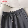 Tangada women dark gray pants cargo strethy waist trousers joggers female sweat 6D80 211115