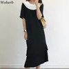 Elegant kontorsklänning för kvinnor smal kortärmad svart klänningar damer pläterad ruffle midi koreansk chic robe vestidos mujer 210519