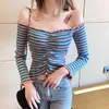 Femmes Tricoté Crop Tops Bottom Shirt Pull Printemps Manches Longues Femme Casual Off Épaule Rayé Tricot T-shirts Cultures 210423