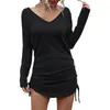 Women Autumn Casual Knitted Dress Solid Color Long Sleeve V-Neck Ruched Drawstring Stretch Mini For Daily Leisurewear Dresses