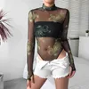 Rawpriter Sexy Transparent Mesh Dragon Bodysuit Kvinnor Sommar Turtleneck Long Thumb Sleeve Se igenom Open Crotch 210510