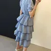 Korjpaa Kvinnor Klänning Sommar Koreanska Chic Girls Sweet Western-Style Plaid Round Neck High-Waist Layered Ruffled Cake Vestidos 210526