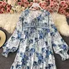 Seaside Beach Loose Holiday Style Maxi Vestidos Kvinna Rund Neck Puff Sleeve Retro Etnisk Utskrift Klänning GK409 210506