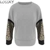LOSSKY Gray Leopard Patchwork Pullover Autumn Hoodies Women Casual Loose Round Neck Long Sleeve Fall Sweatshirt Mujer Hoody 210507
