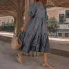 Casual Sukienki Letnia Sukienka Vonda 2021 Kobiety Krótki Rękaw Plaid Drukowane Sundress Luźna Plisowana Mid-Calf Femme Party Rolka