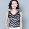 Korean Silk Women Tops Woman Striped Camis V-neck Lace Tanks Satin Sleeveless Top Print Plus Size 210427