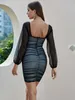 Women Sexy Mesh Rushed Full Sleeve Black Bandage Dress Evening Designer Celebrity Elegant Chic Vintage Party Vestido 210527