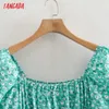 Tangada Summer Women Green Floral Print French Style Sukienka Puff Krótki Rękaw Panie Mini Sukienka Vestidos XN340 210609