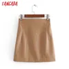 Tangada Frauen Solide Khaki Faux Leder Röcke Faldas Mujer Zipper Weibliche Büro Dame Mini Rock 3H411 210609