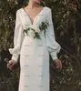 Modest Crepe Bohemian Wedding Dresses 2022 Long Sleeve V-neck Matte Stain Mermaid Country Beach Bridal Reception Party Dress Robes