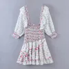Casual Dresses Mixed Floral Prints Ruffled Holiday Dress Square Neck Smocked Sexy Laides Mini 2022 Autumn