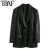 Traf女性のファッションフェイクレザールースブレザーコートビンテージ長袖ポケットバックベント女性のアウターシックトップ211019