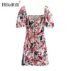 Women Floral Print Mini Dress Sexy Bodycon Beach With Belt Puff Short Sleeve Chic Summer Vestido De Festa 210508