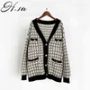 H.SA Women Sweater Jack Oversized Gebreide Vesten Losse Plaid Jumpers Koreaanse Houndsmooth Robe Lange Elegnat Vrouwelijke Jas 210716