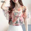 Spring Short Mouw Plus Size Dameskleding Mode Afdrukken Chiffon Blouse Shirt Zoete V-hals Tops Blusas D630 210521