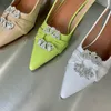 Elegant Rhinestone Kitten Heel Women Mules Sexy Pointed Toe Slingback Slippers Designer Sandals Shoes