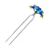 925 Sterling Silver Fork Comb Cloisonne Enamel Jewelry Blue Flower pin Chinese Luxury Hair Accessories Hanfu Women