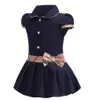 Designer Baby Girls Dress Lapel College Wind Bowknot Short Sleeve Pleated Polo Shirt Skirt Children Casual Designer Clothing Kids Clothes2024