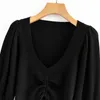 Sommar kvinnor kort stickning tröja långärmad dragsko v-hals svart s kvinnliga sexiga street mode kläder 210513