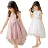 Princesse fête mariage vacances pour filles élégant arc perles fleur taille décoration enfants robe rose blanc sans manches vêtements Q0716
