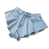 [EAM] Women Blue Denim Ruffles Cut Style Wide Leg Shorts High Waist Loose Fit Trousers Fashion Spring Summer 1S770 210724