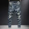 Korean Style Fashion Men Jeans High Quality Retro Dark Blue Ripped Vintage Designer Elastic Cotton Slim Denim Pants P4CD