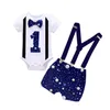 Babykleding set 1ste verjaardag jongen outfit stropdas bodysuit riemen shorts 2 stks sets korte mouw meisjes outfits boutique kleding 4 kleuren BT6618