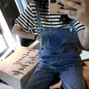 Kawaii Solid Loose Casual Denim Overalls Korean Spring Long Pants Women Heart Print Sweet Preppy Style Trousers 13A274 210525