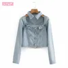 Sexy Hollow Long Sleeve High Waist Exposed Navel Chic Women's Denim Jacket Lapel Personality Casual Holiday Party Female Coat 210507