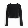 Spring Women Square Collar Black Stickning Short T Shirt Casual Femme Långärmad Slim Crop Tops T1390 210430