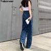 Sokak Giyim Yüksek Bel Kadın Moda Kotu Kadın Kız Kadın Geniş Bacak Pantolon Pantolonları Kadın Çizgili Denim Bagge Mom 210608