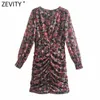 Zevity Women Vintage V Neck Floral Stampa floreale Mini abito Slim Dress Female Chic Gu app -Summer Chiffon Short Vestido DS8162 210603