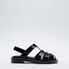 Meotina Women Sandals Gladiator Shoes Round Toe Flat Sandals T-Strap Brand Design Ladies Footwear Black 40 210520