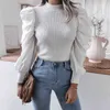 Kvinnor Shirts Blusar 2021 Vår Bomull Elegant Puff Sleeve Tröja Casual Solid Färg Rund Neck Kvinnors Blus Pullover Y1110