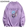 Gonthwid Uzun Kollu T-Shirt Japon Anime Karikatür Baskı Tişörtleri Harajuku Streetwear Hip Hop Hipster Rahat Gevşek Tees Tops 210629