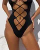 Women Fashion Lace-up Plunge Swimsuit Sleeveless Hollow Out Sexy Solid Swimwear 210629