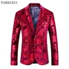 Robe rouge pour hommes costume floral revers cranté Slim Fit élégant Blazer robe Costume hommes fête mariage Club bal Stgae Costume Homme 210522