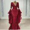 Bordo Uzun Kollu Abiye Tam Boncuk Aplike Dantel Lüks Balo Pageant Kıyafeti Robe De Mariée Sweep Tren Custom Made Mermaid Parti Abiye