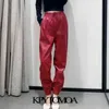 KPYTOMOA Kadınlar Moda Yan Cepler Faux Deri Koşu Pantolon Vintage Yüksek Elastik Bel İpli Kadın Ayak Bileği Pantolon Mujer 211124