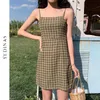 Единас мини-платье женщины летние плед спагетти ремешок короткие повседневные одежды плюс размер Vestidos сексуальный ES корейский стиль 210527