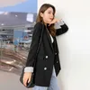 Aelegantmis Chic Otoño Clásico Negro Mujeres Business Casual Blazer Jacket Office Lady Blazers Coat Vintage Ladies Long Outerwear 210607