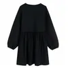 Streetwear Kadınlar Katı Siyah Puf Kol Elbiseler Moda Bayanlar O-Boyun Gevşek Elbise Zarif Kadın Chic Tatlı Vestidos 210427