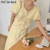 Matakawa Coreano Collo quadrato Vestido de Mujer Single-Breasted Robes Femme rughe Abiti a maniche a soffio a rughe Abiti a mezza lunghezza Donne Donne 210513